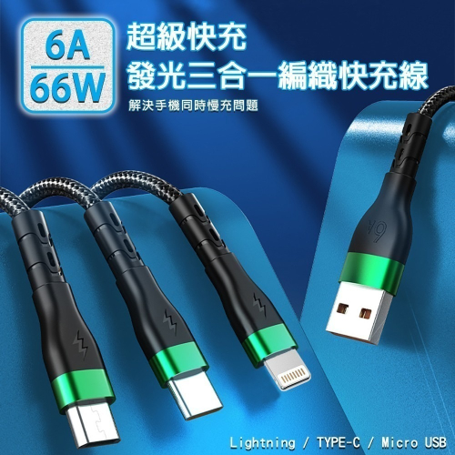 【免運】6A超級快充66W發光三合一編織快充線Lightning TYPE-C Micro USB