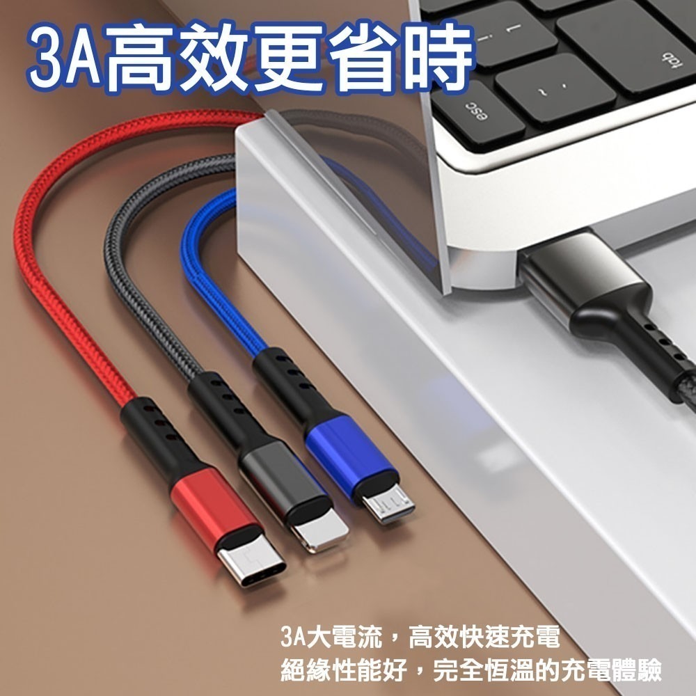 【免運】三色元素3.0A三合一編織快充線 Lightning  TYPE-C  Micro USB-細節圖4