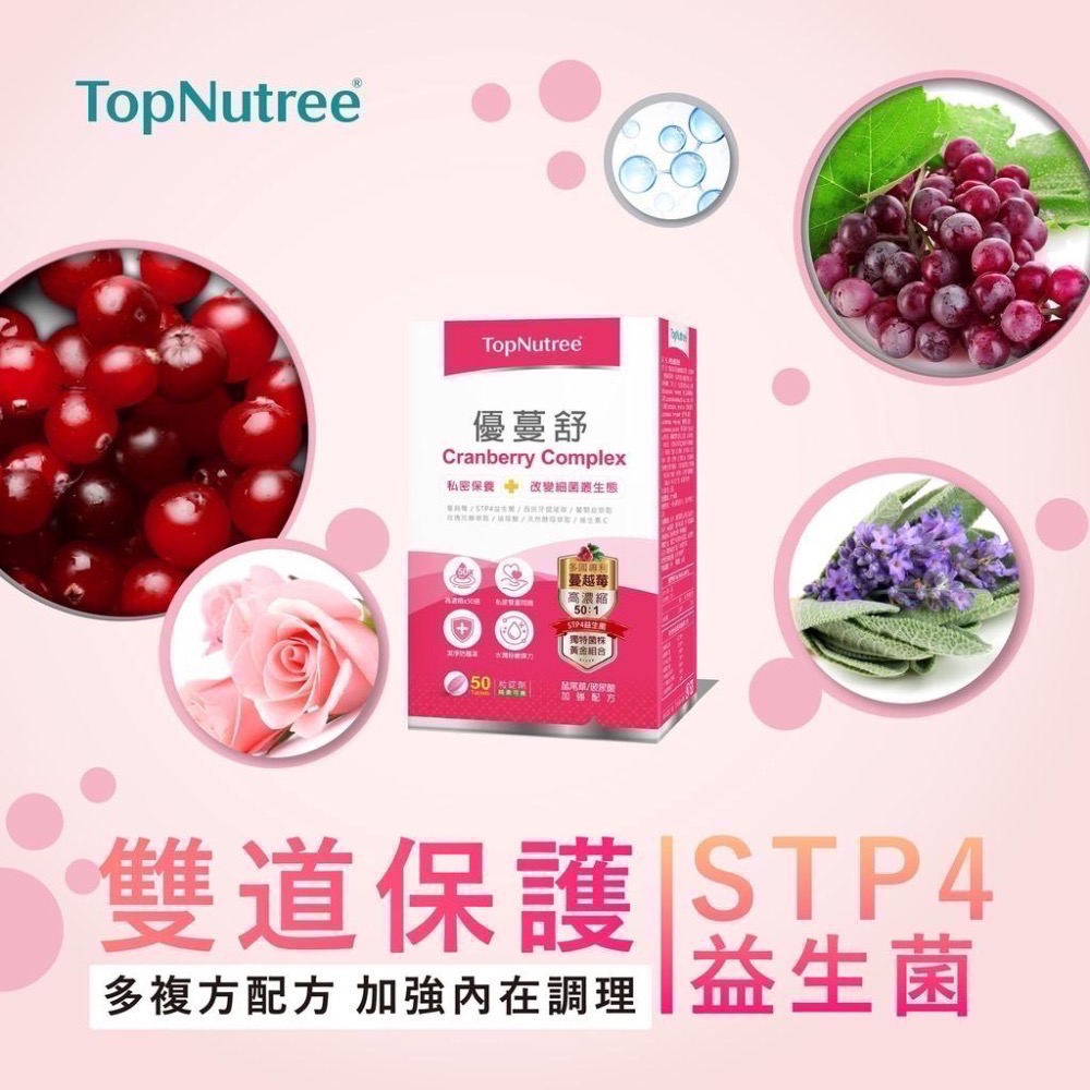 【TopNutree新悠雀】優蔓舒 高濃縮蔓越莓萃取 益生菌 鼠尾草 玫瑰 玻尿酸 維生素C 50顆盒裝【向上中西藥局】-細節圖2