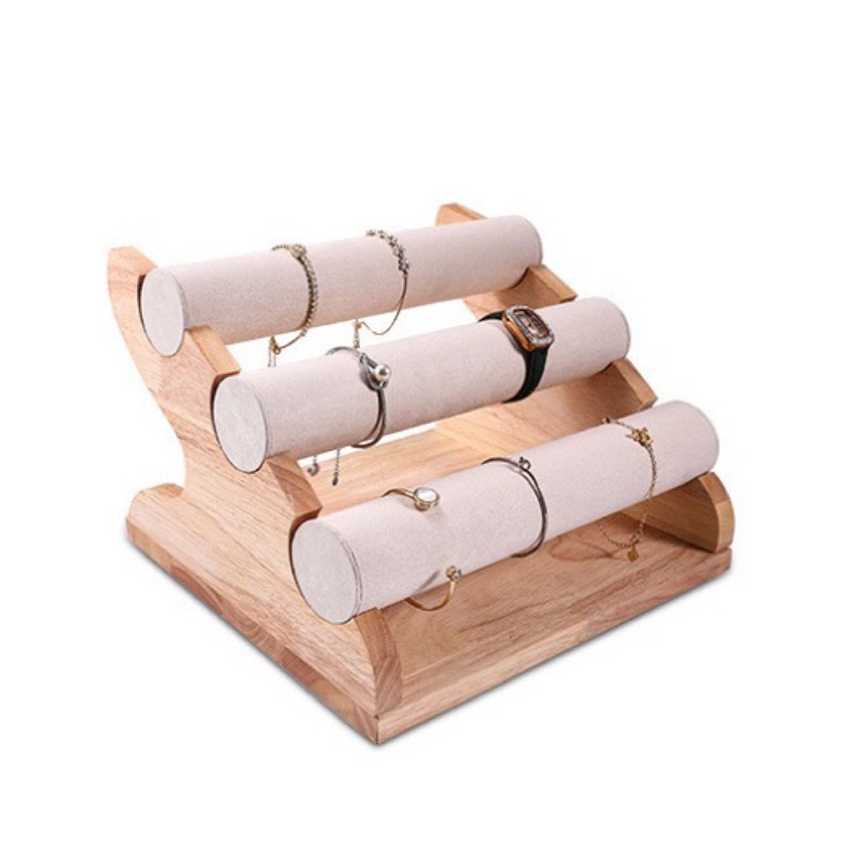 現貨🔺木質 三層米絨 首飾展示架 實木 手鐲 手鍊架 手錶 手串 手環 手鏈 收納架珠寶展示道具 批發-細節圖4
