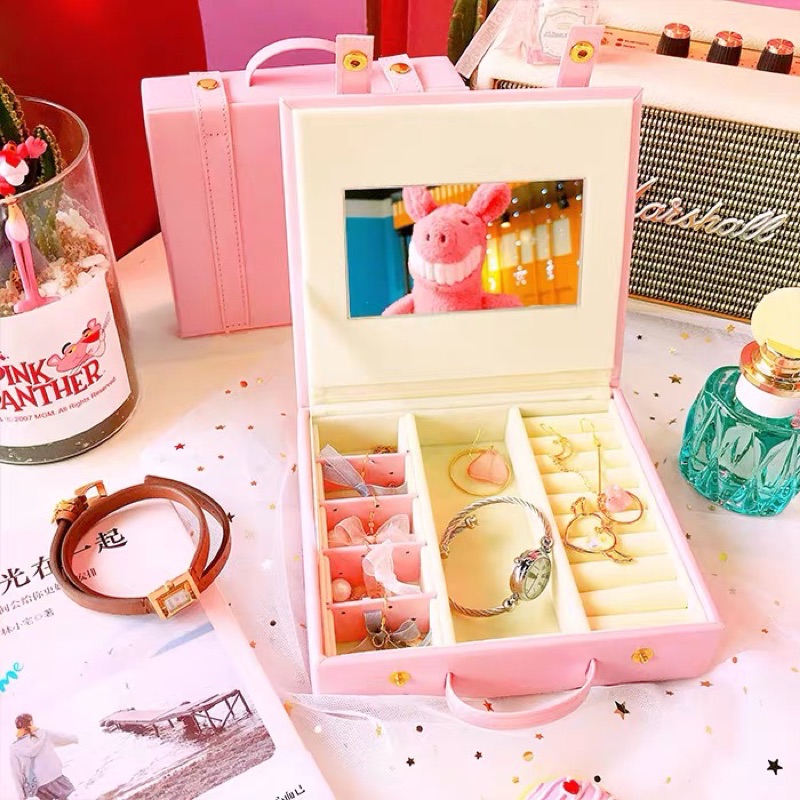 現貨 手提攜帶式首飾盒 附鏡子耳環飾品收納盒 ins少女心盒子-細節圖2