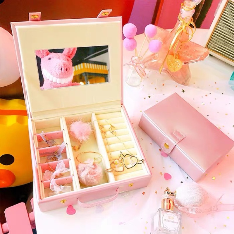 現貨 手提攜帶式首飾盒 附鏡子耳環飾品收納盒 ins少女心盒子-細節圖3