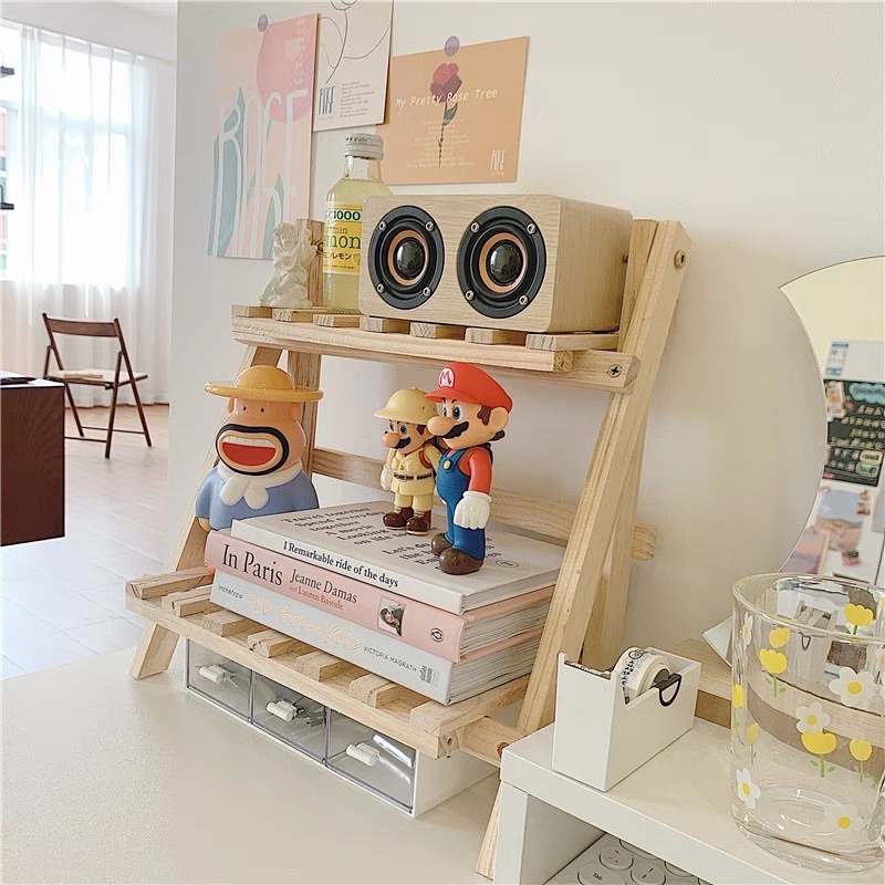 現貨🔺雙層木質收納置物架 桌面收納 植物架 多肉架 飾品架 展示架 層架 簡約ins折疊原木架子-細節圖3