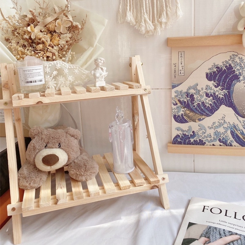 現貨🔺雙層木質收納置物架 桌面收納 植物架 多肉架 飾品架 展示架 層架 簡約ins折疊原木架子-細節圖6
