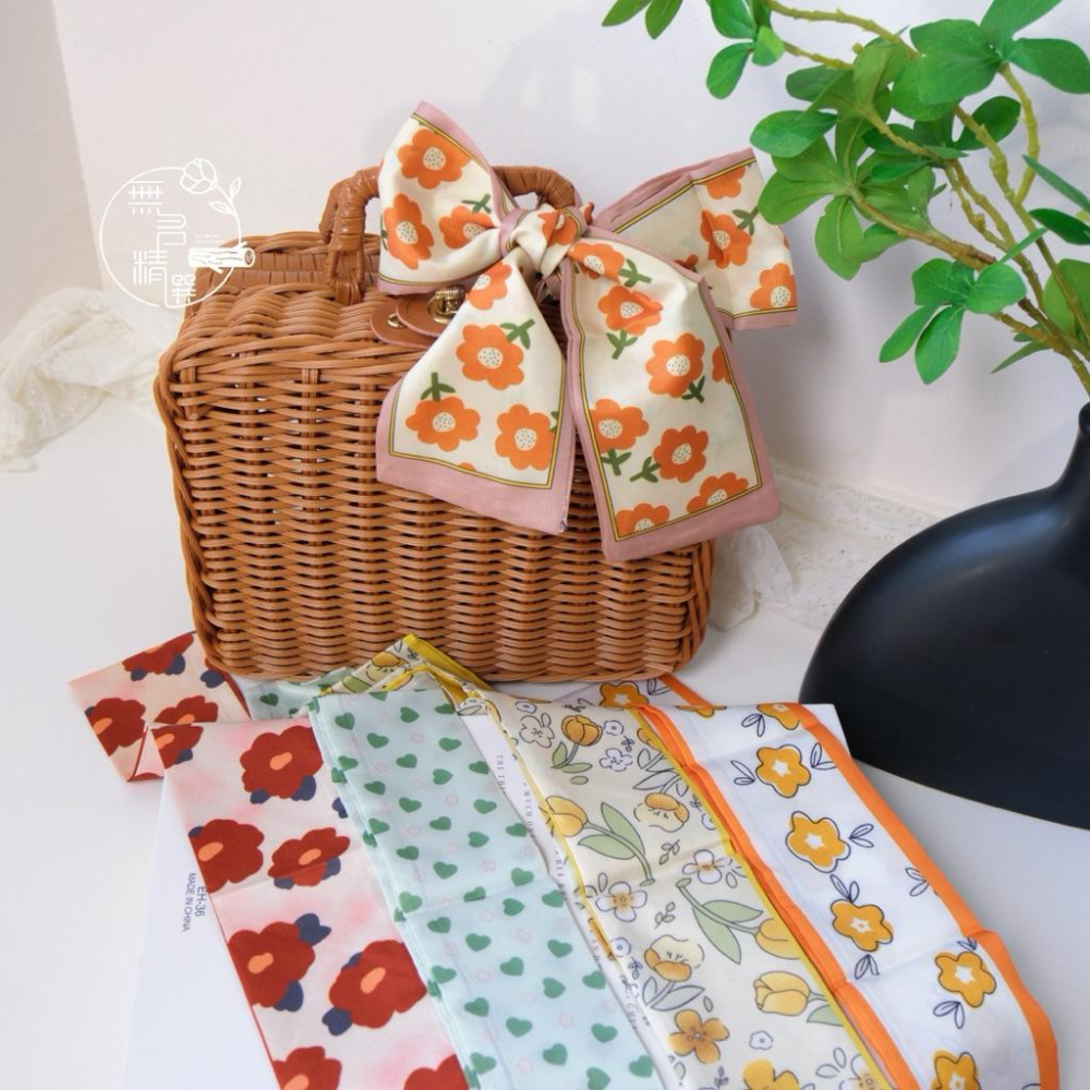 現貨🔺花園絲巾｜雙面圖案 美感小物｜包包裝飾絲帶｜提籃蝴蝶結配件｜野餐風花卉｜野餐 包包絲帶 禮物包裝 提籃緞帶 拉菲草-細節圖9