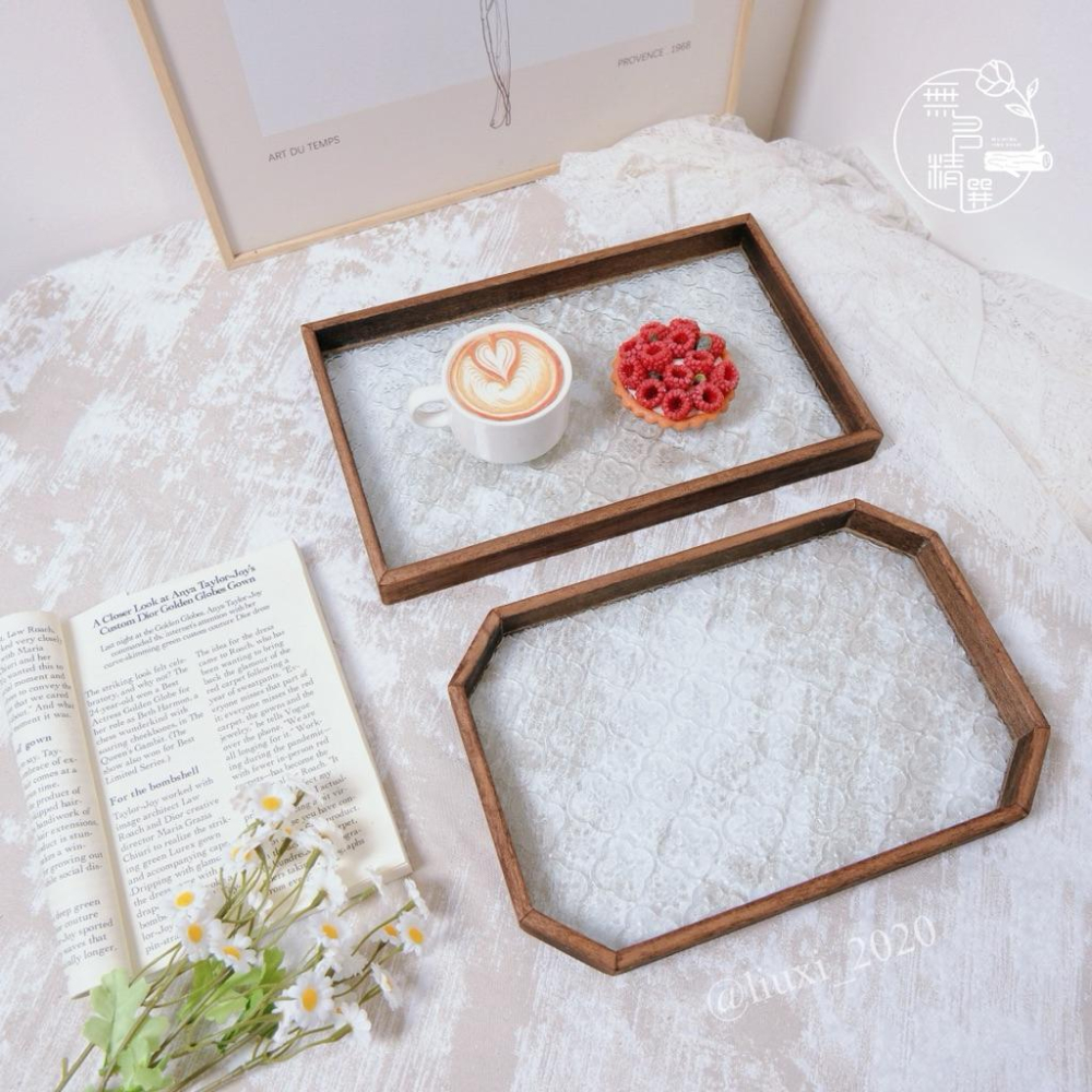 現貨🔺海棠玻璃托盤｜外婆茶几上的一盤點心｜木質托盤｜長方形茶盤｜復古茶水杯子水果 收納盤｜點心端盤｜飾品收納 咖啡廳餐盤-細節圖5