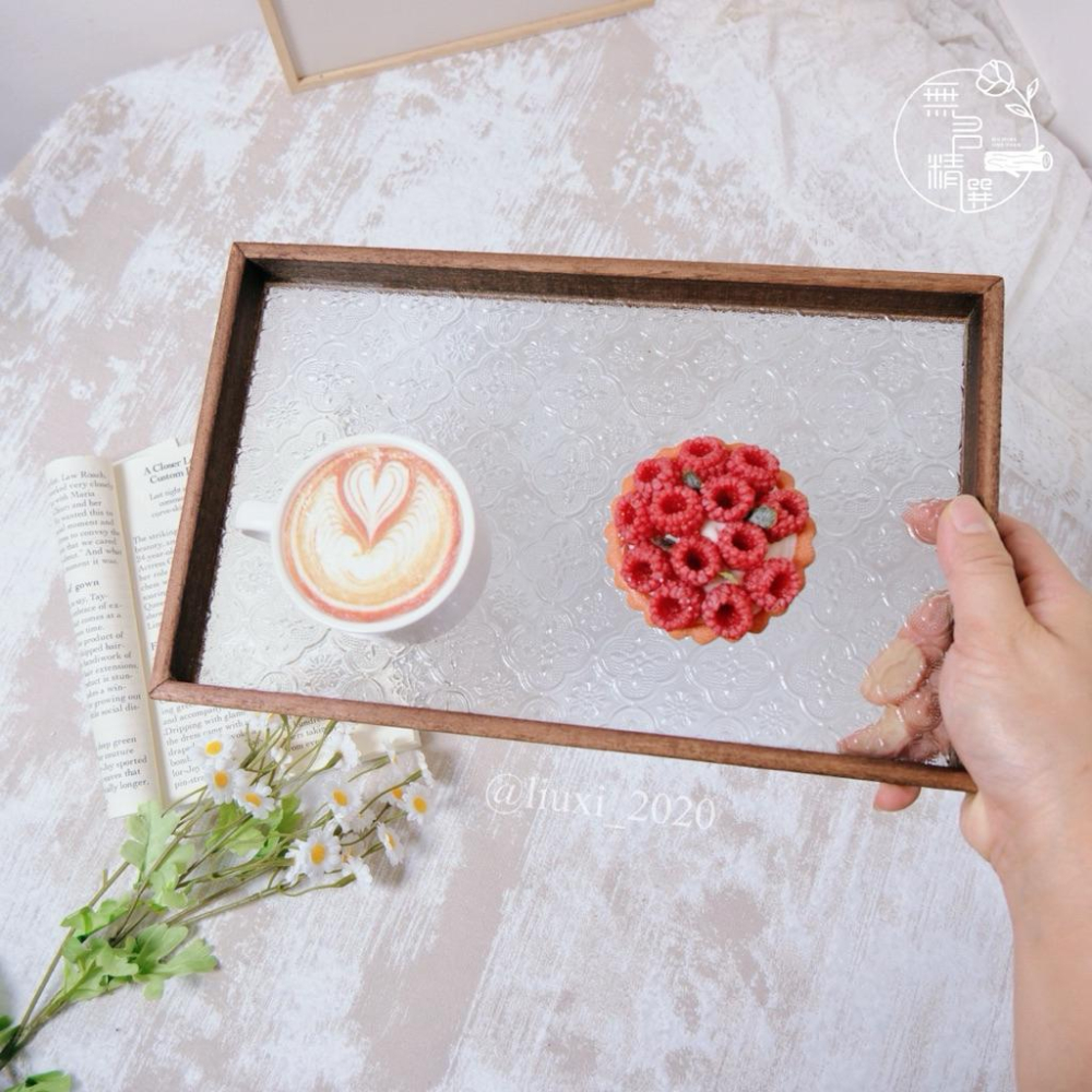 現貨🔺海棠玻璃托盤｜外婆茶几上的一盤點心｜木質托盤｜長方形茶盤｜復古茶水杯子水果 收納盤｜點心端盤｜飾品收納 咖啡廳餐盤-細節圖7