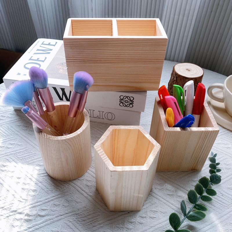 現貨🔺可印logo 木質筆筒 素胚筆筒 文具收納 松木 雙格 多格 刷具收納 禮品-細節圖7