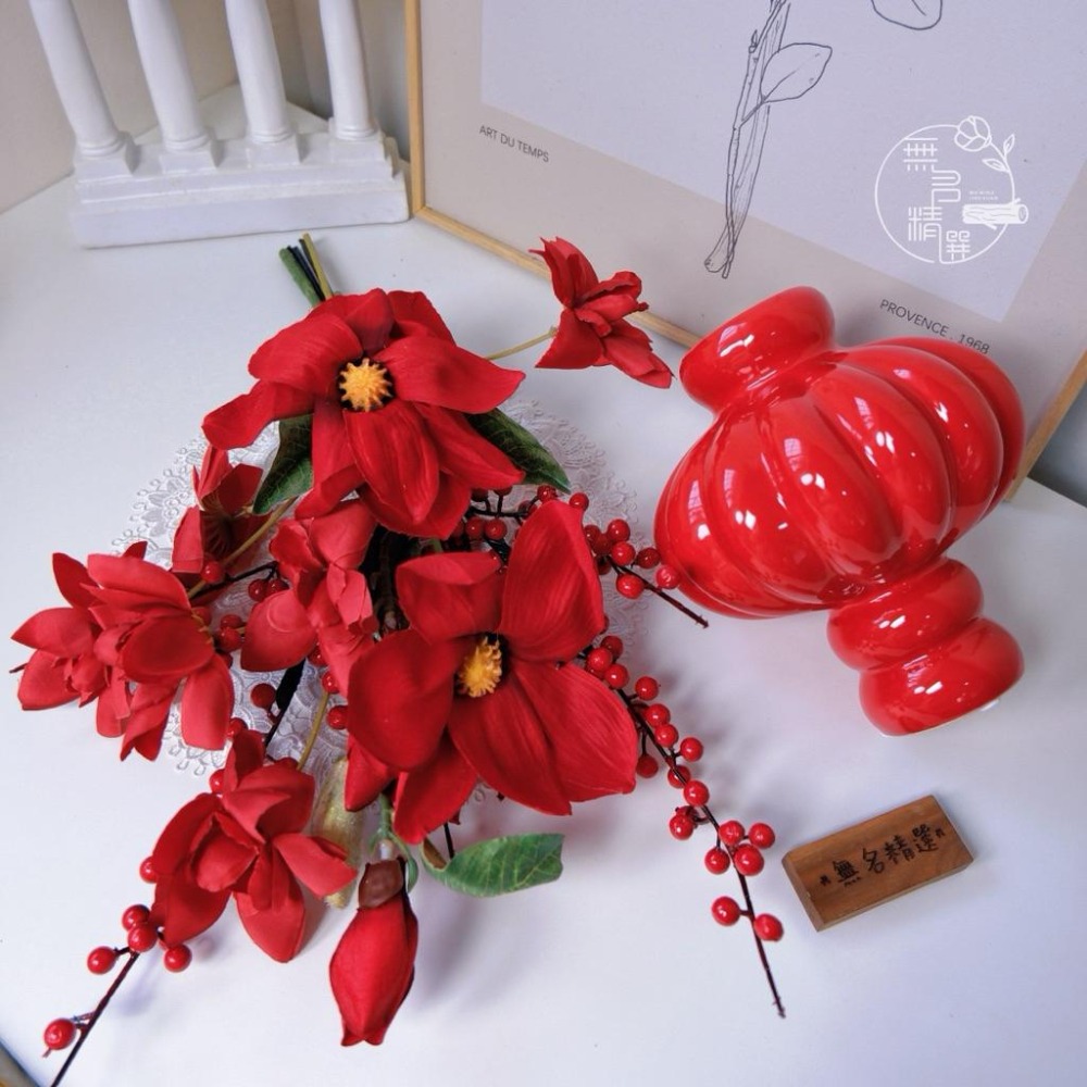現貨🔺陶瓷鴻運當頭桌花｜陶瓷新春桌花 擺飾 新年佈置 招財迎春 桌花 花器 擺設 公司居家適用 陶瓷花瓶 紅色花瓶-細節圖3