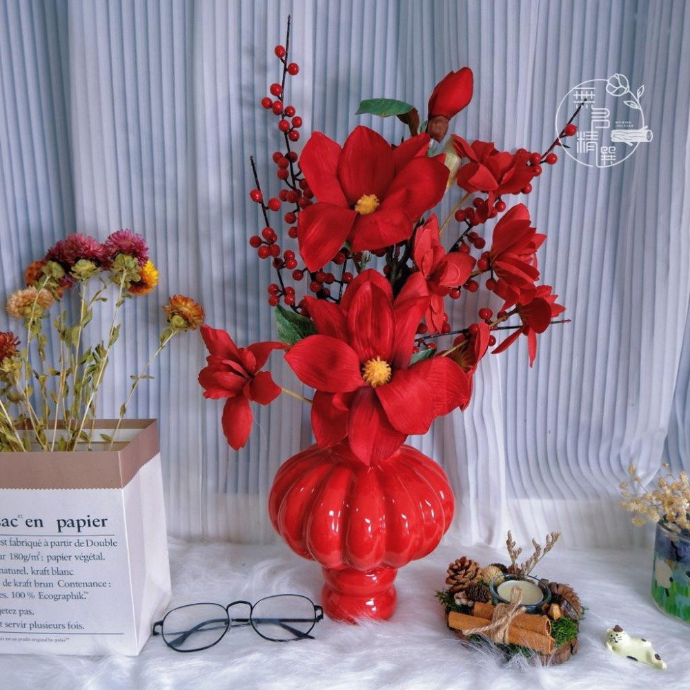 現貨🔺陶瓷鴻運當頭桌花｜陶瓷新春桌花 擺飾 新年佈置 招財迎春 桌花 花器 擺設 公司居家適用 陶瓷花瓶 紅色花瓶-細節圖6