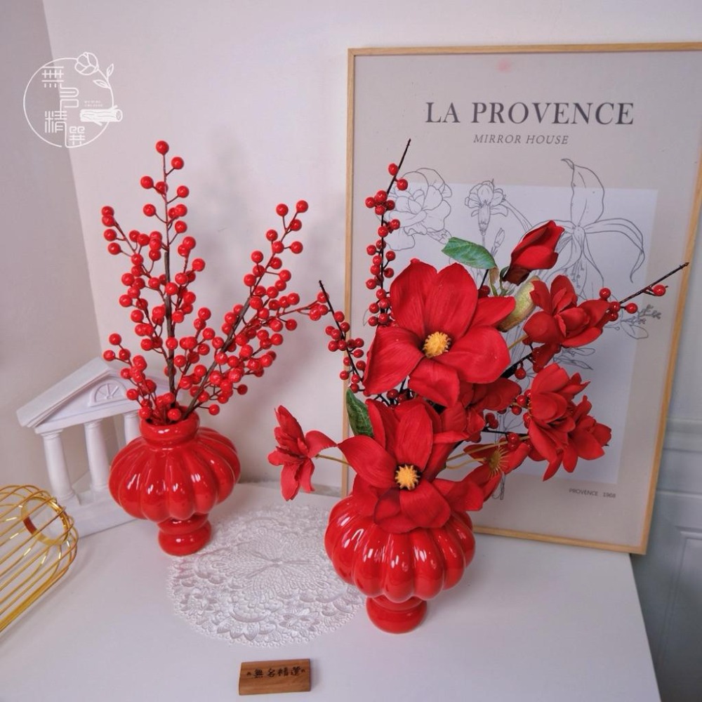 現貨🔺陶瓷鴻運當頭桌花｜陶瓷新春桌花 擺飾 新年佈置 招財迎春 桌花 花器 擺設 公司居家適用 陶瓷花瓶 紅色花瓶-細節圖8