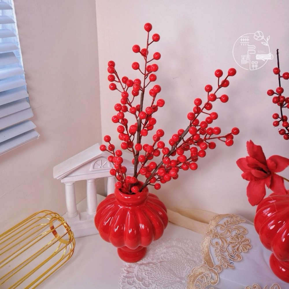 現貨🔺陶瓷鴻運當頭桌花｜陶瓷新春桌花 擺飾 新年佈置 招財迎春 桌花 花器 擺設 公司居家適用 陶瓷花瓶 紅色花瓶-細節圖9