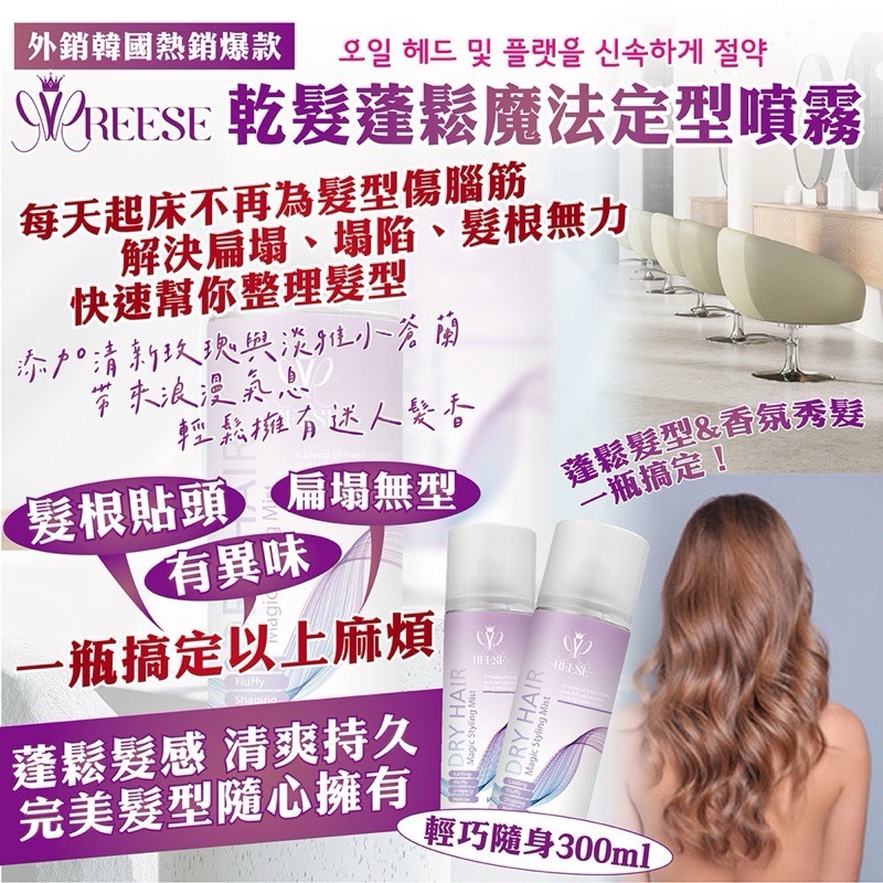 ￼【REESE乾髮蓬鬆魔法定型噴霧】攜帶型300ML男女適合-細節圖2