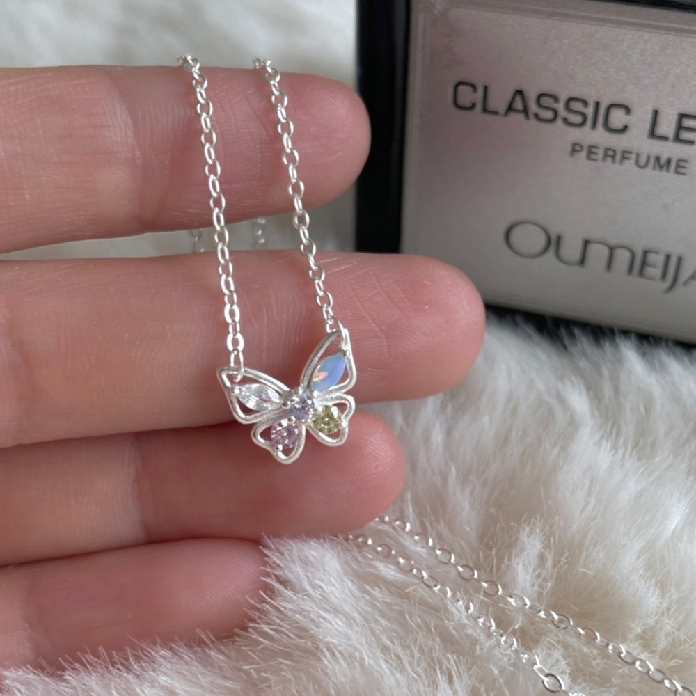 𝐿𝑢𝑜𝑗𝑖𝑛𝑔 ෆ 粉藍仙子輕語🦋•₊˚.幻彩鋯石蝴蝶s925純銀項鍊耳環﹎輕吻你的鎖骨與耳畔-細節圖2