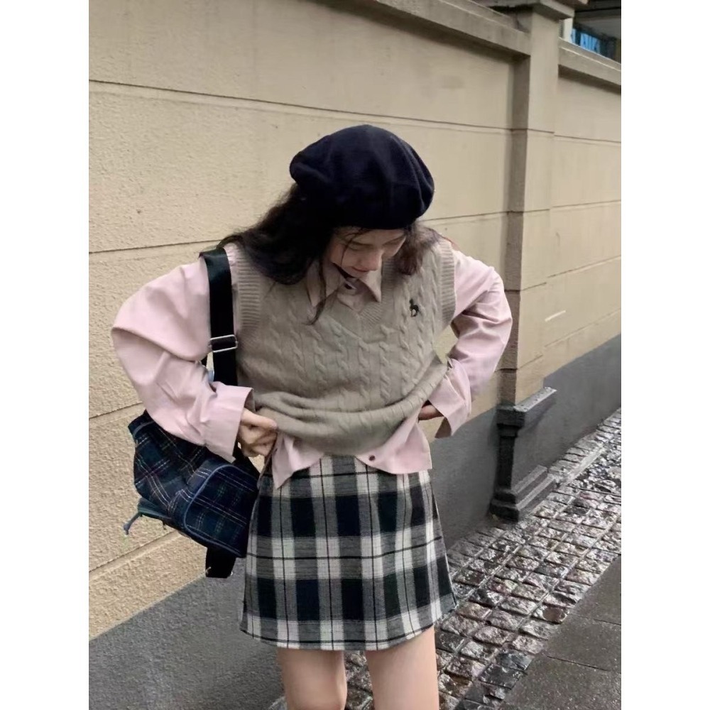 𝐿𝑢𝑜𝑗𝑖𝑛𝑔 ෆ 復古氣息格紋毛呢高腰A字裙 - 優雅與暖意的完美融合｜短裙｜毛呢裙｜格子褲裙-細節圖3
