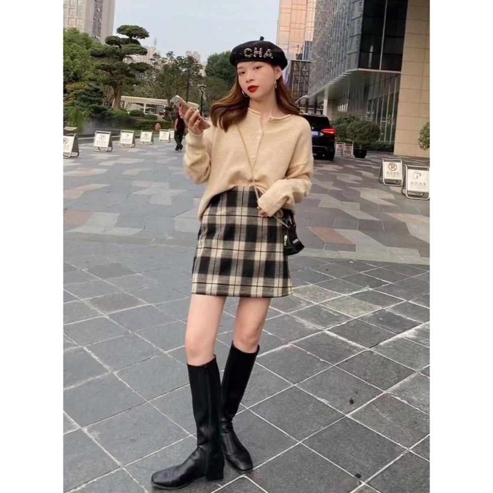 𝐿𝑢𝑜𝑗𝑖𝑛𝑔 ෆ 復古氣息格紋毛呢高腰A字裙 - 優雅與暖意的完美融合｜短裙｜毛呢裙｜格子褲裙-細節圖6