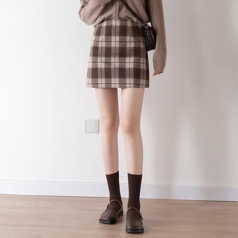 𝐿𝑢𝑜𝑗𝑖𝑛𝑔 ෆ 復古氣息格紋毛呢高腰A字裙 - 優雅與暖意的完美融合｜短裙｜毛呢裙｜格子褲裙-細節圖7