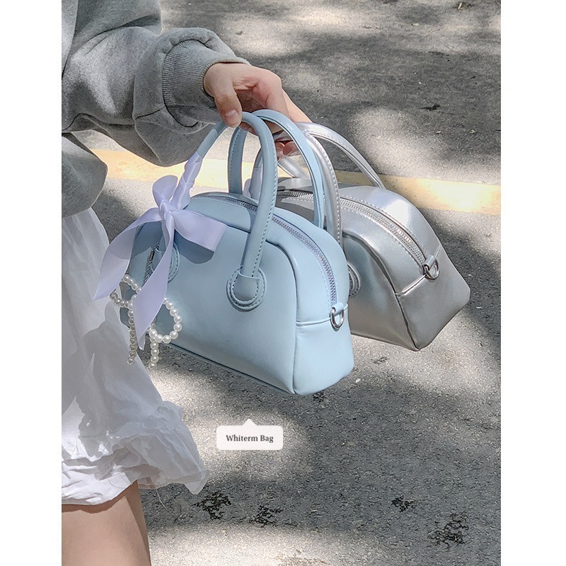 少女心珍珠蝴蝶結緞帶保齡球包包 斜背包 手提包 小方包 蝴蝶結包包-細節圖2