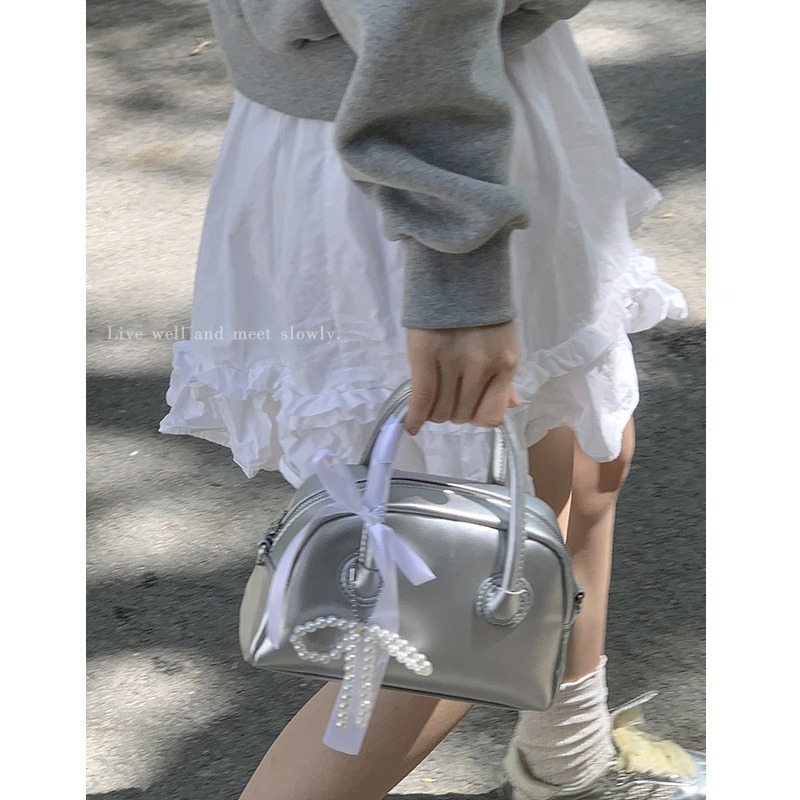 少女心珍珠蝴蝶結緞帶保齡球包包 斜背包 手提包 小方包 蝴蝶結包包-細節圖3