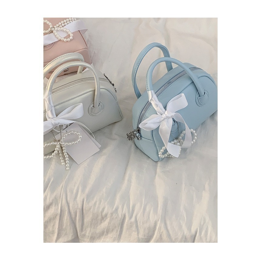 少女心珍珠蝴蝶結緞帶保齡球包包 斜背包 手提包 小方包 蝴蝶結包包-細節圖5
