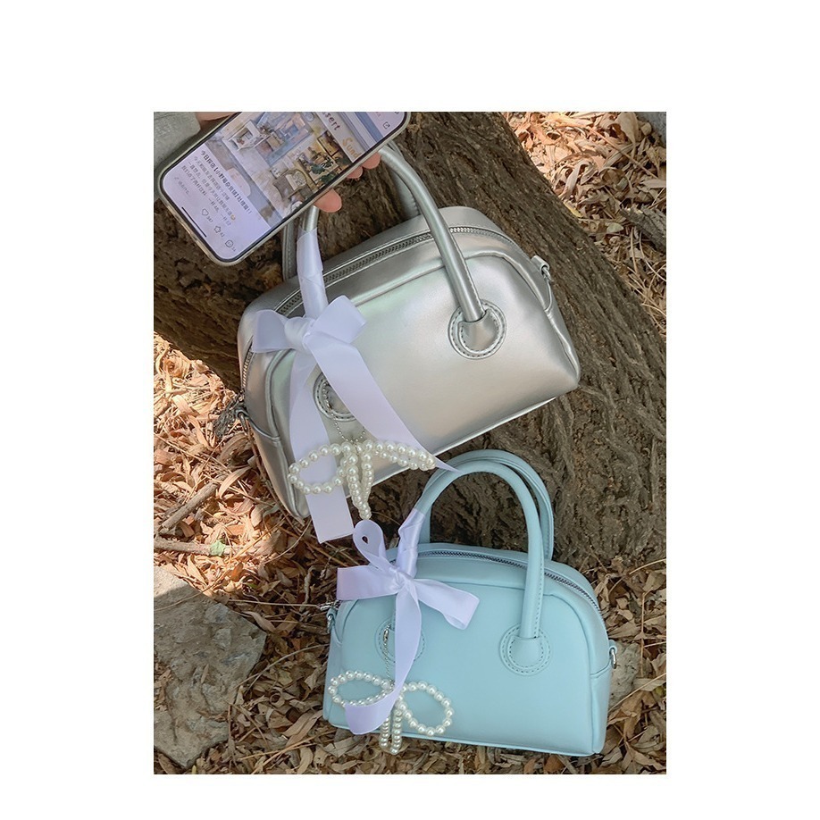 少女心珍珠蝴蝶結緞帶保齡球包包 斜背包 手提包 小方包 蝴蝶結包包-細節圖8