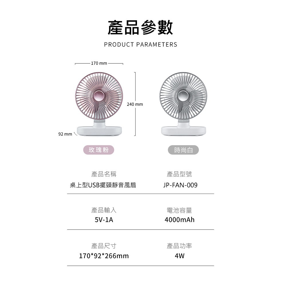 【JP嚴選-捷仕特】USB充電靜音擺頭小桌扇-細節圖9