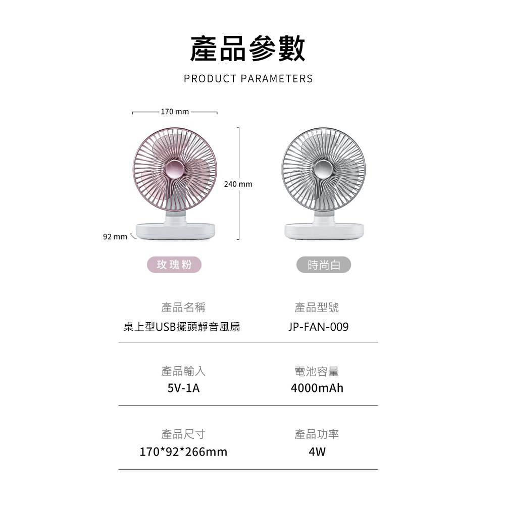 【JP嚴選-捷仕特】USB充電靜音擺頭小桌扇-細節圖9