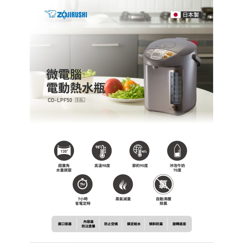 ZOJIRUSHI 象印5公升寬廣視窗微電腦電動熱水瓶CD-LPF50-TL -灰色-細節圖2