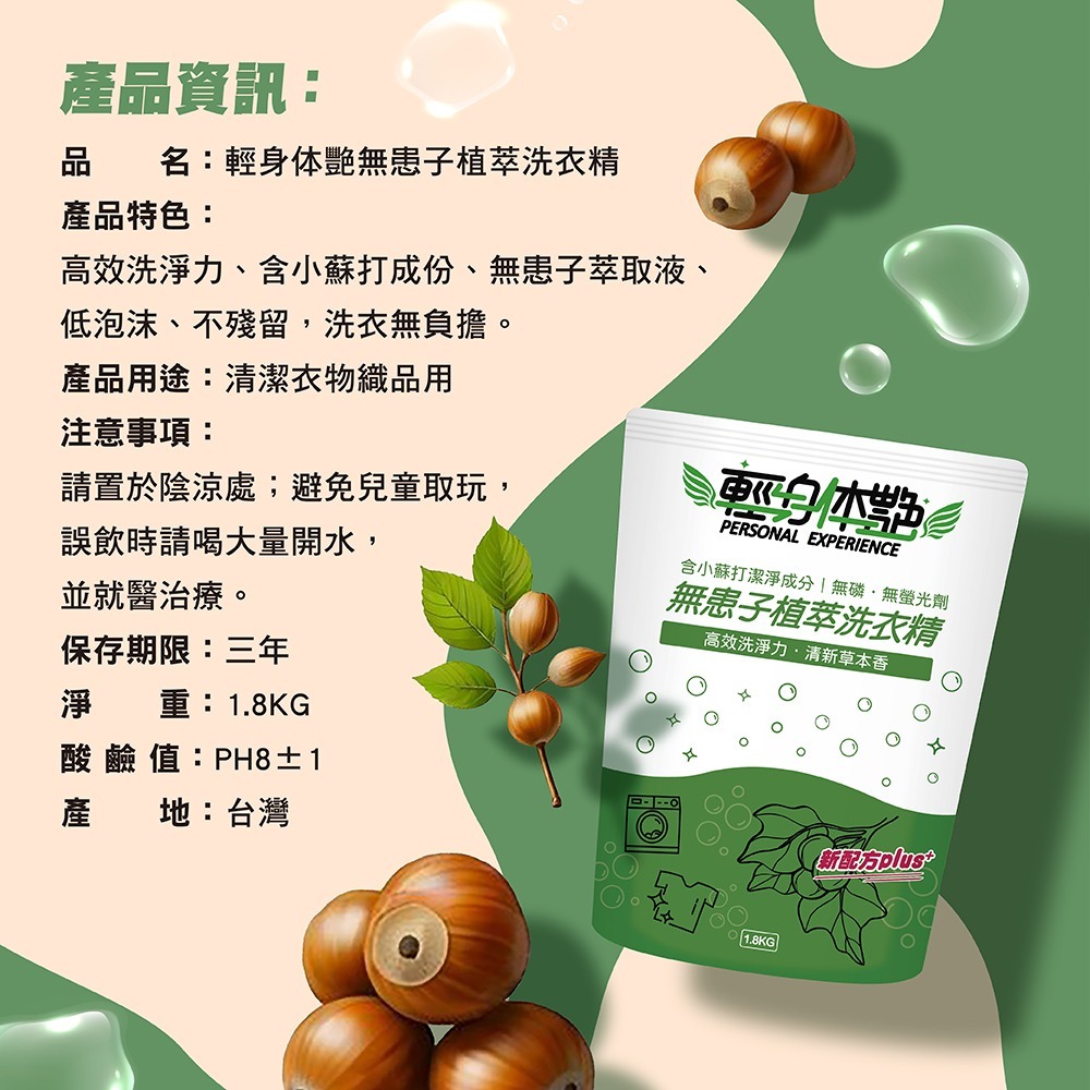 【6入組】輕身体艷 無患子洗衣精 補充包 1.8kg 台灣製洗衣精  環保洗衣精 全效洗衣精 無磷洗衣精 妮絲小舖 現貨-細節圖8