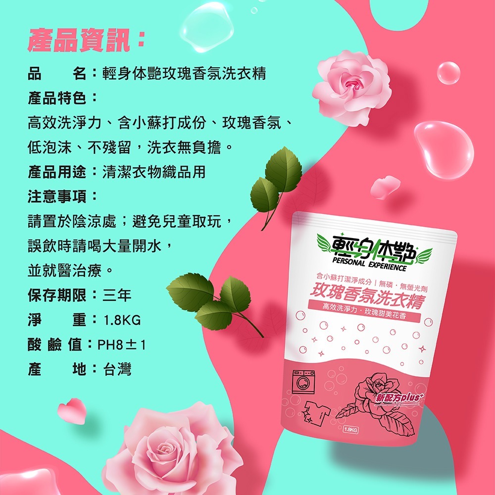 【6入組】輕身体艷 玫瑰香氛 洗衣精 補充包 1.8kg 台灣製洗衣精 全效洗衣精 去污洗衣精 消臭洗衣精 妮絲小舖-細節圖9