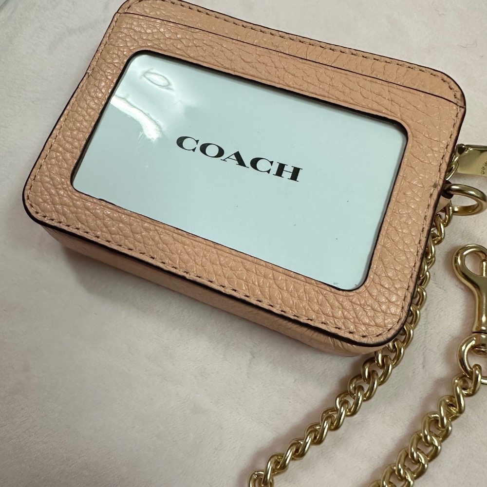 全新🇺🇸COACH 荔枝紋牛皮金字立體logo鏈條鑰匙圈卡夾零錢包-細節圖4