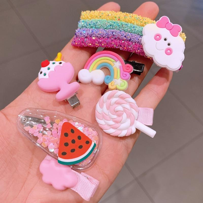 【台灣現貨】6件組亮片流沙兒童安全髮夾 瀏海夾 邊夾 一字夾 鴨嘴夾 尖嘴夾 髮飾 頭飾 髮圈 編髮 水果劉海夾 邊夾-細節圖4