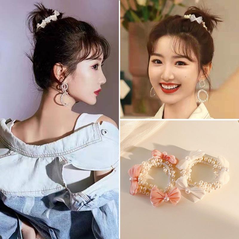 【台灣現貨】可愛蝴蝶結珍珠手環髮圈 緞面髮帶 大腸圈 髮飾 髮繩 橡皮筋 頭繩 頭飾 兒童 女童 小朋友 KH311-細節圖2