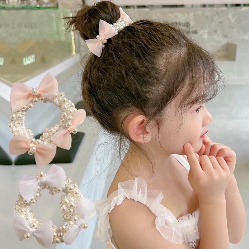 【台灣現貨】可愛蝴蝶結珍珠手環髮圈 緞面髮帶 大腸圈 髮飾 髮繩 橡皮筋 頭繩 頭飾 兒童 女童 小朋友 KH311-細節圖4