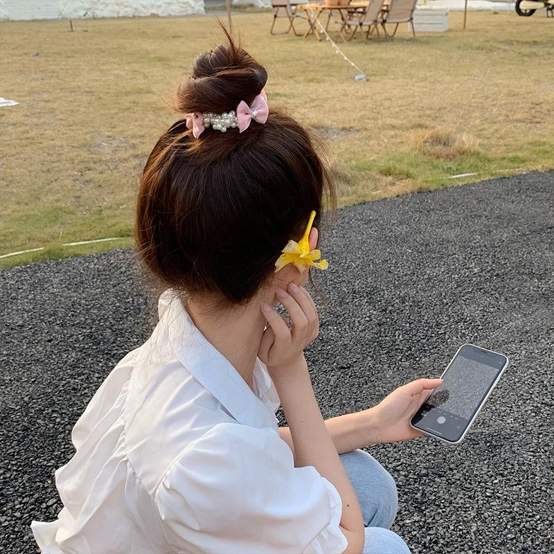 【台灣現貨】可愛蝴蝶結珍珠手環髮圈 緞面髮帶 大腸圈 髮飾 髮繩 橡皮筋 頭繩 頭飾 兒童 女童 小朋友 KH311-細節圖7