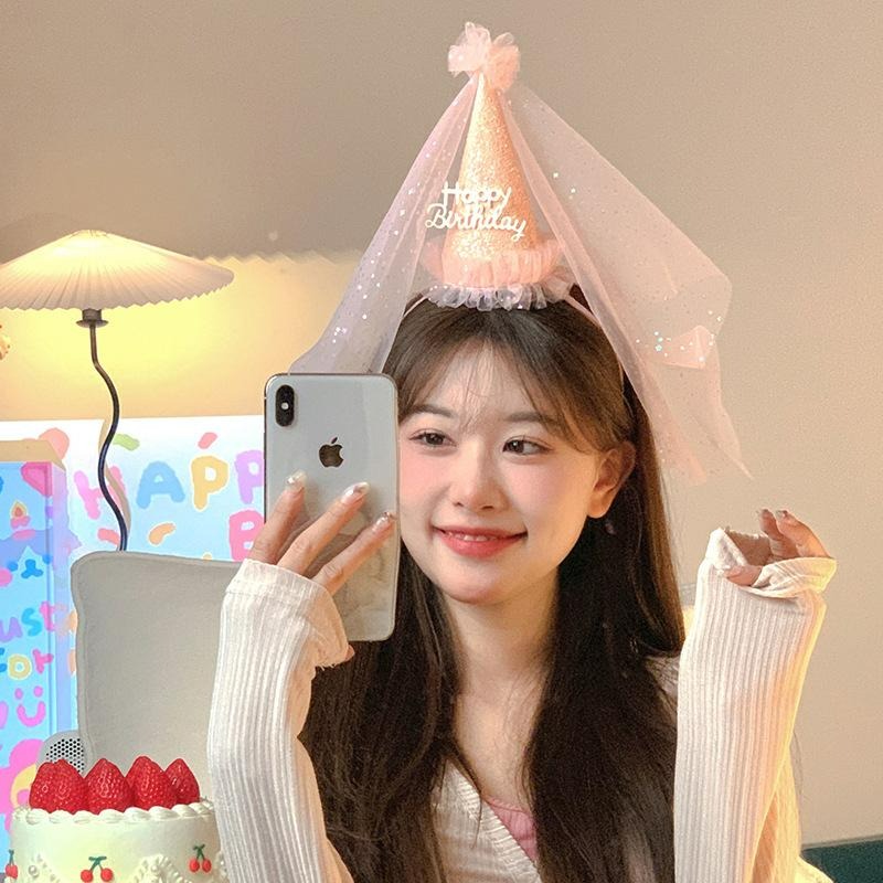 【台灣現貨】兒童生日派對閃粉生日帽髮箍 公主造型 夢幻仙女髮箍 頭紗網紗 生日禮物祝福活動慶祝生日 親子情侶裝扮-細節圖5