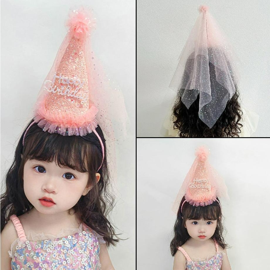 【台灣現貨】兒童生日派對閃粉生日帽髮箍 公主造型 夢幻仙女髮箍 頭紗網紗 生日禮物祝福活動慶祝生日 親子情侶裝扮-細節圖7
