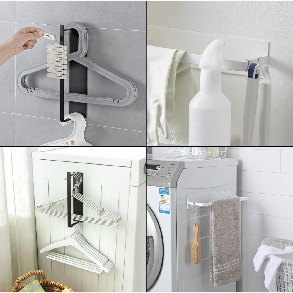 【台灣現貨】日式磁吸式洗衣機金屬收側掛架 衣架收納架 壁掛式晾曬掛物架 曬衣夾曬衣架 居家收納神器好物 晒衣架晾衣架-細節圖9
