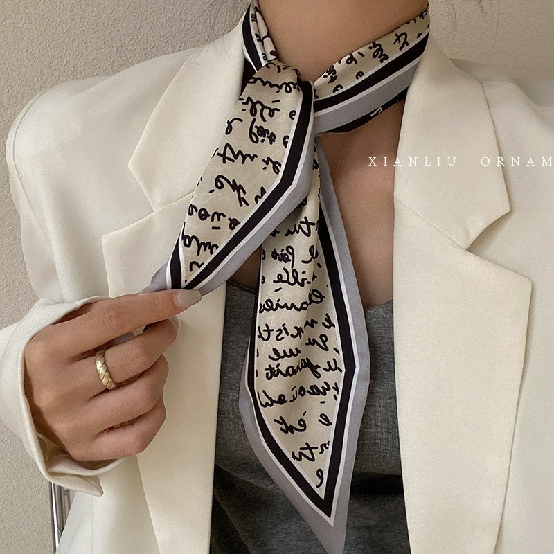 【台灣現貨】雙面印花長條絲巾 雙層小絲巾 領巾 髮帶 綁包包提手 腰帶 東大門 綁帶 配件 包包裝飾 飄帶 圍巾-規格圖11