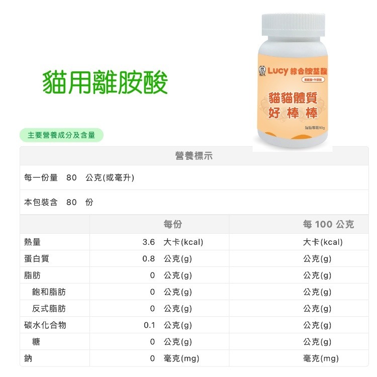 [Lucky LA 萌小毛] 貓用 離胺酸 + 牛磺酸 80公克 ,綜合胺基酸  貓泡疹 上呼吸道 眼睛流淚-細節圖2