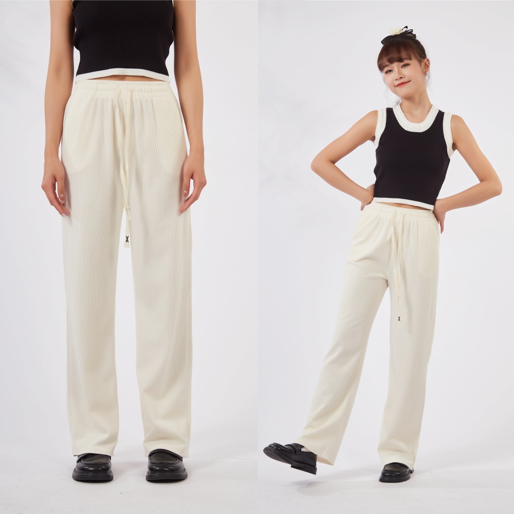 【薇奈爾】高個子綁繩鬆緊直筒褲 休閒褲 闊腿褲-細節圖2