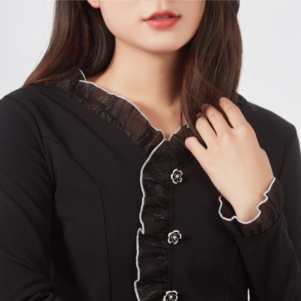 【薇奈爾】荷葉邊收腰法式溫柔淑女風長袖上衣-細節圖2