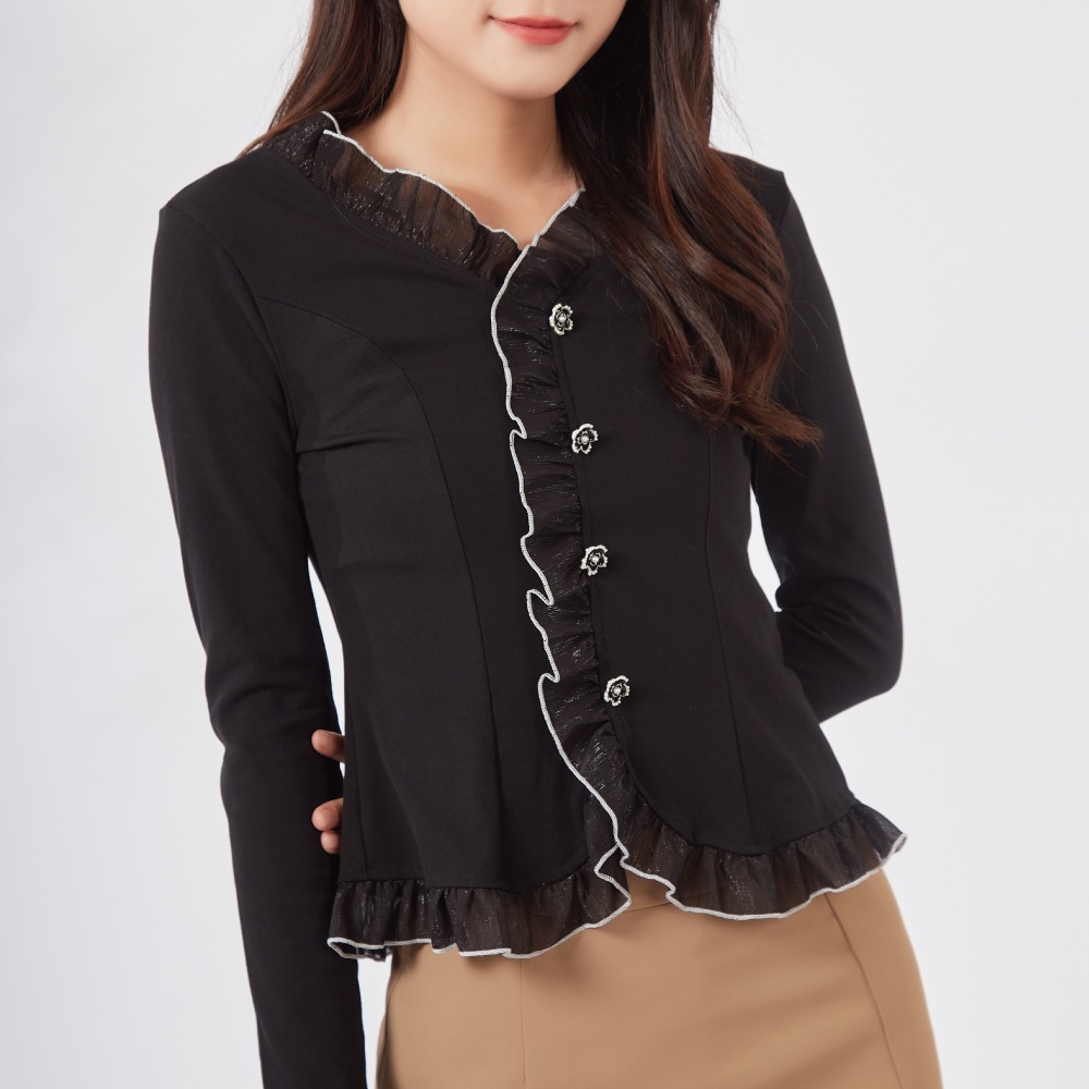 【薇奈爾】荷葉邊收腰法式溫柔淑女風長袖上衣-細節圖3