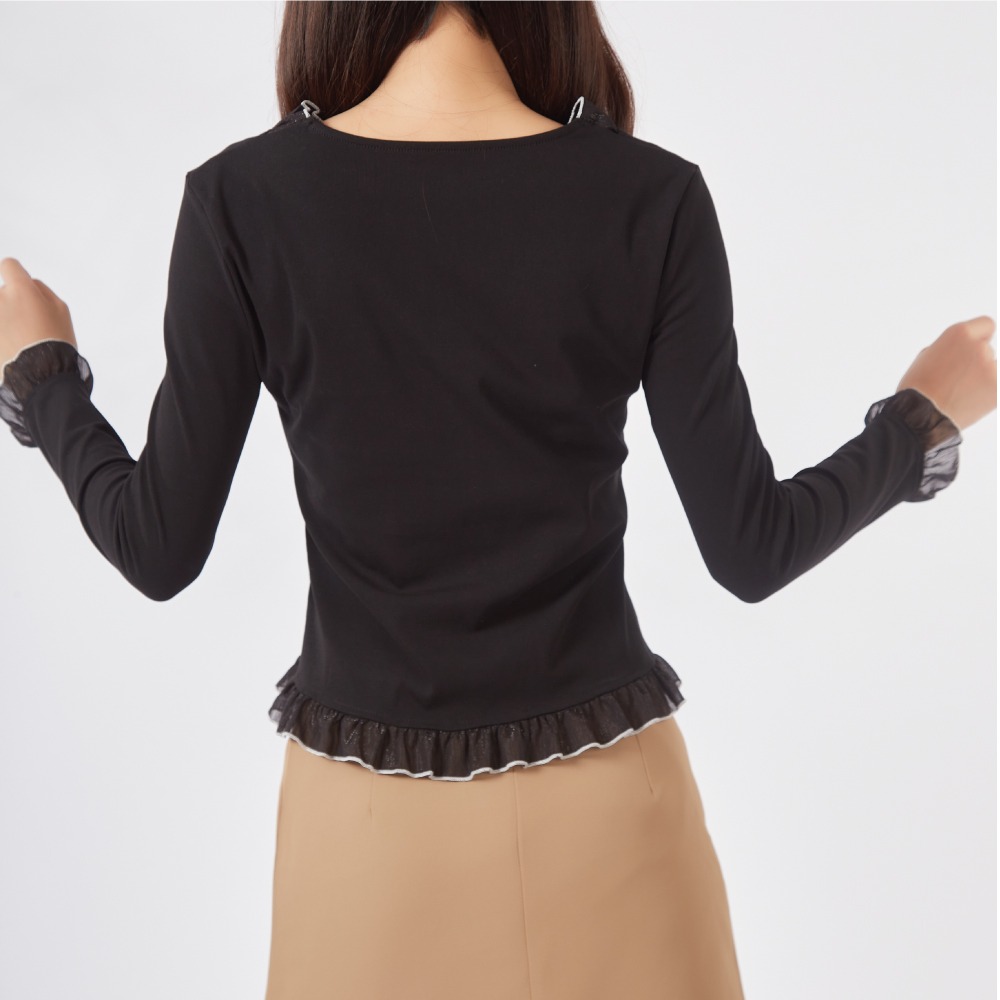 【薇奈爾】荷葉邊收腰法式溫柔淑女風長袖上衣-細節圖4