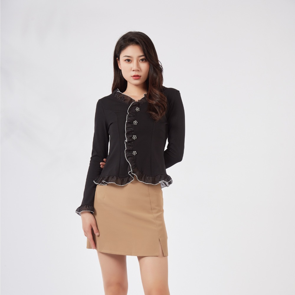 【薇奈爾】荷葉邊收腰法式溫柔淑女風長袖上衣-細節圖5