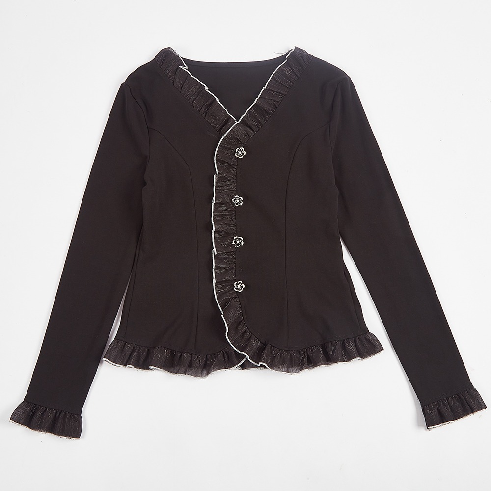 【薇奈爾】荷葉邊收腰法式溫柔淑女風長袖上衣-細節圖7