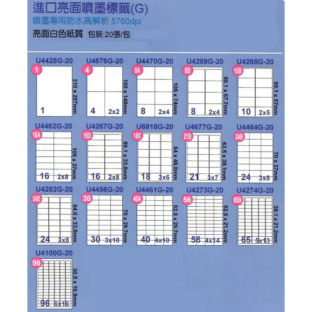 (含稅) 彩之舞 防水 A4 20張 進口亮面噴墨標籤貼紙 噴墨專用 U4428G-20 白色 白紙-細節圖2