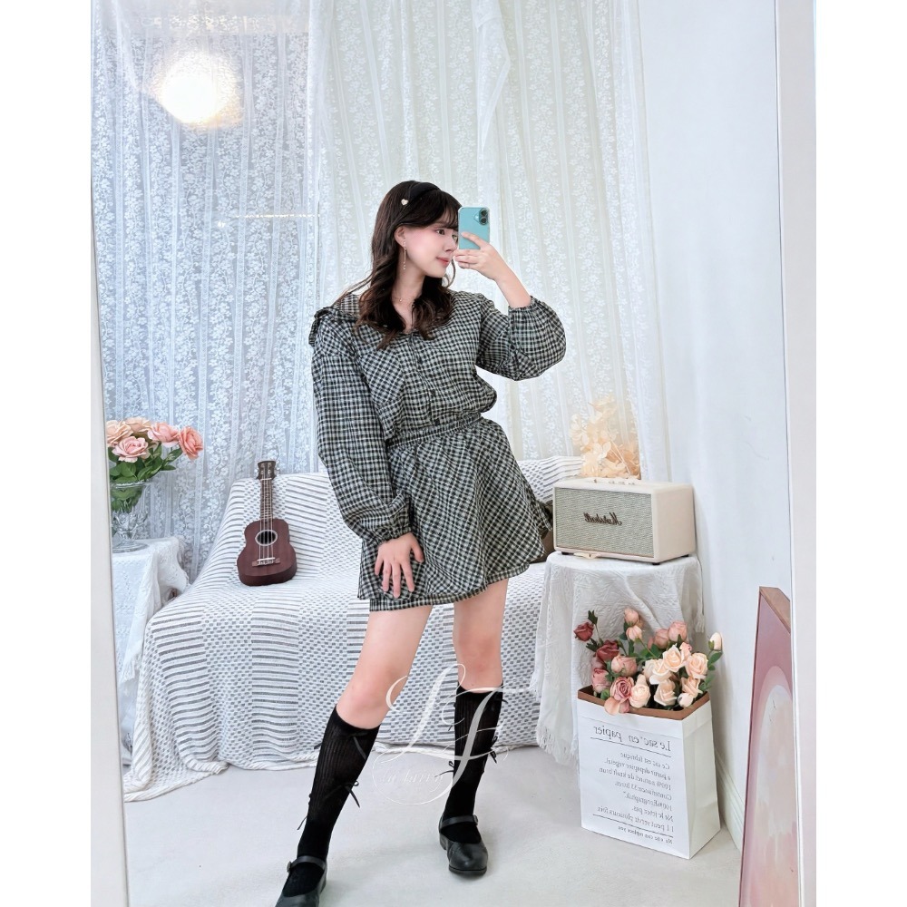 韓國正品學院風格紋套裝｜上衣外套兩穿＋褲裙多變穿搭｜現貨不用等｜秋日約會穿搭-La Fairy#正韓#韓國製-細節圖2