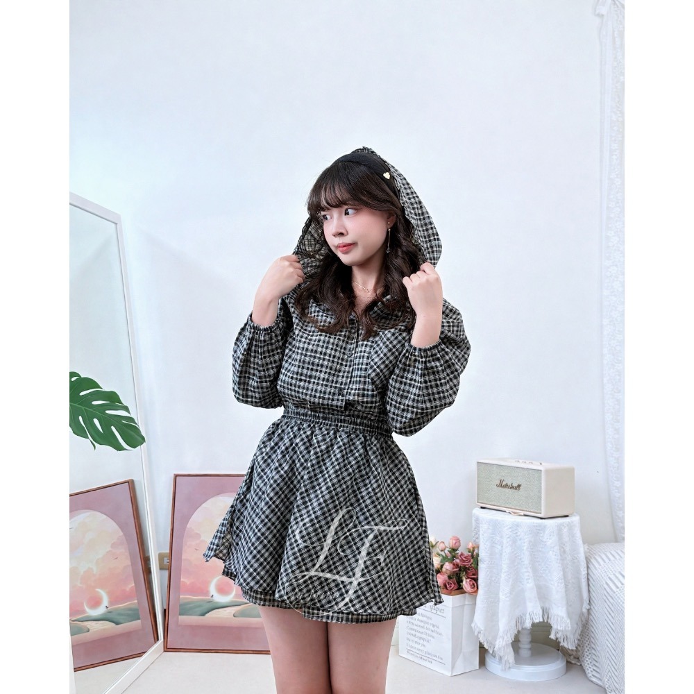 韓國正品學院風格紋套裝｜上衣外套兩穿＋褲裙多變穿搭｜現貨不用等｜秋日約會穿搭-La Fairy#正韓#韓國製-細節圖6