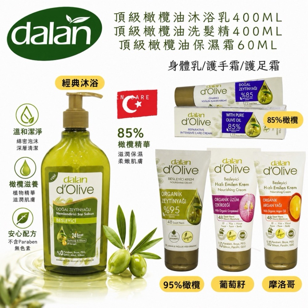 【土耳其DALAN】 D＇OLIVE 橄欖油護手霜60ml/身體乳/護足霜/橄欖皂/沐浴乳液態皂400ML-細節圖3